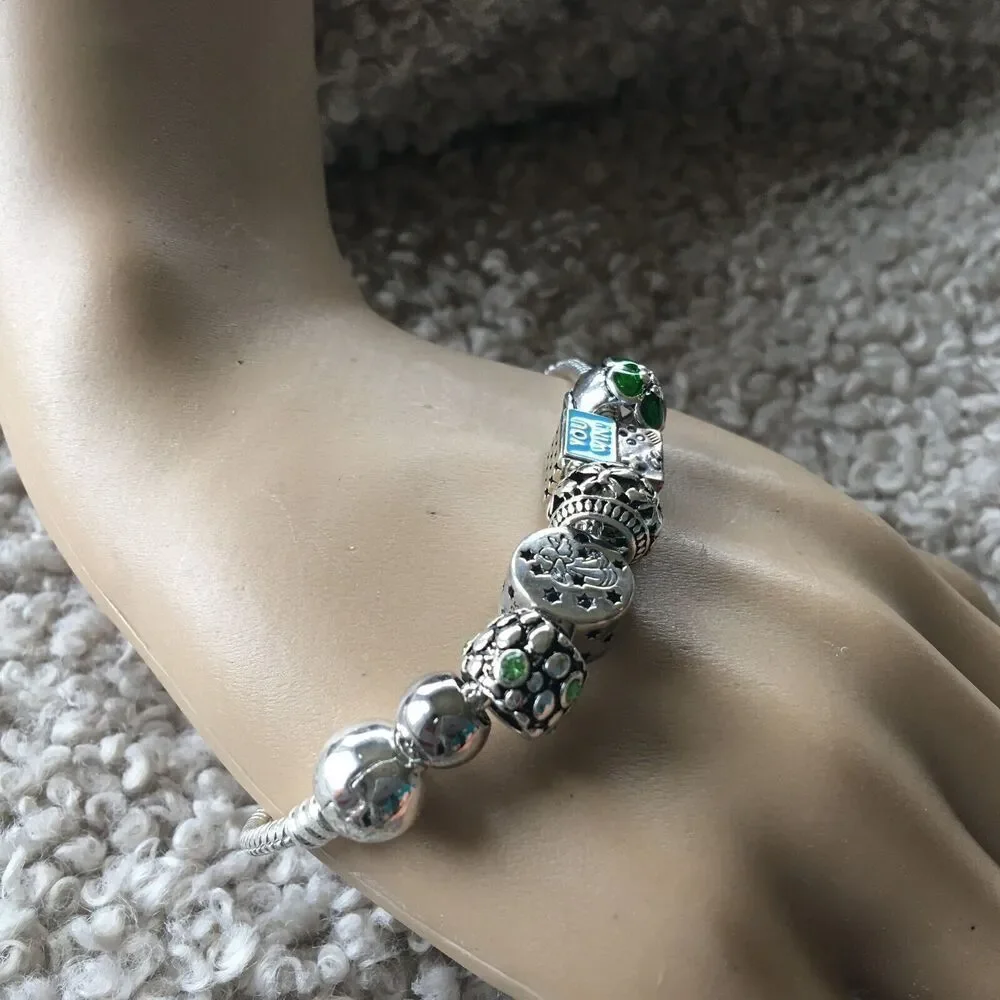 Charm Bracelet Silver Tone DIY European Bead Charms 8.25 Inch Snake Chain